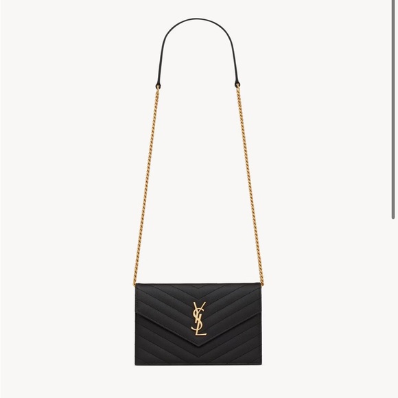 Yves Saint Laurent Handbags - Yves Saint Laurent Cassandre Envelope Chain Wallet Grain de Poudre Leather Noir
